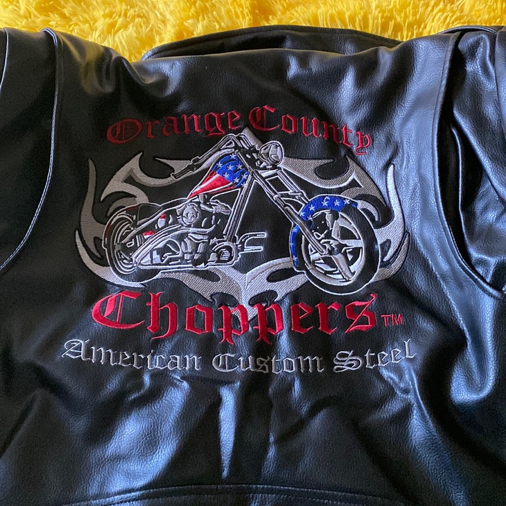 Biker Jacket black faux leather  Size Medium Red lining Orange County Choppers